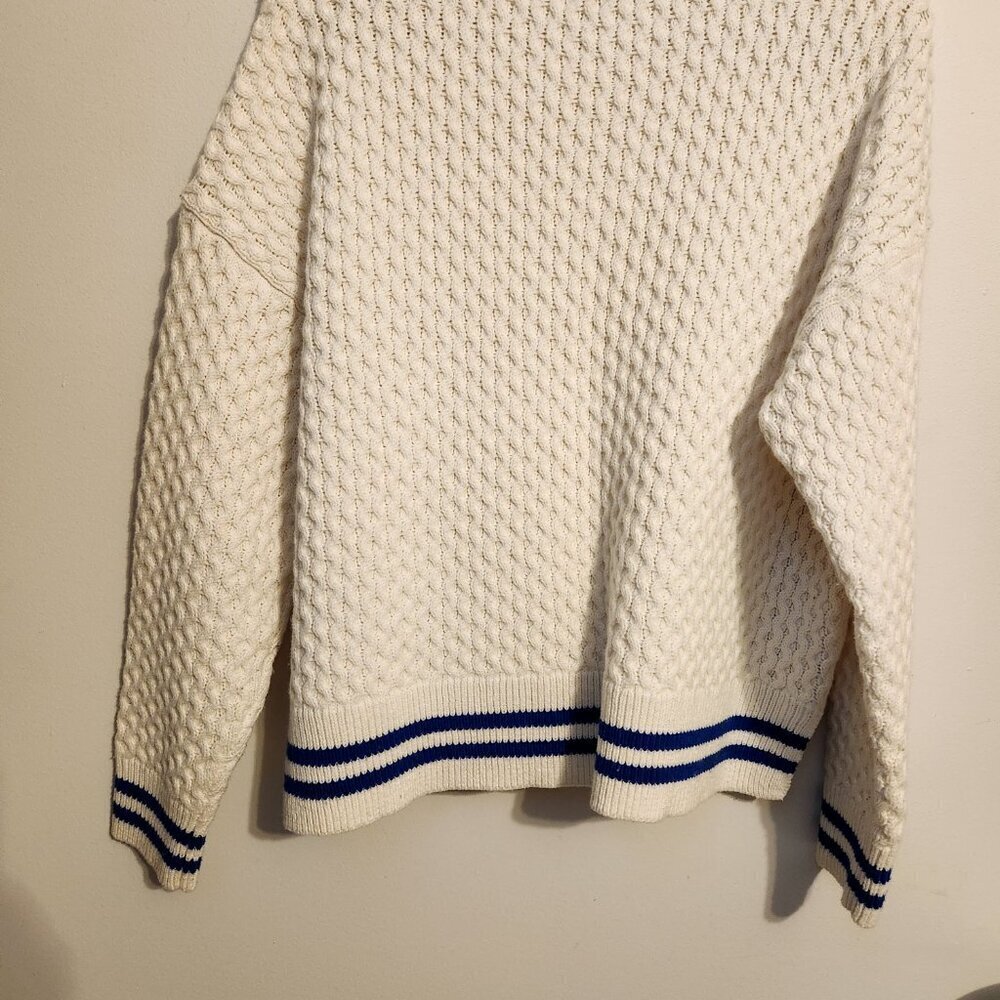 Madewell | Women's White Crewneck Knit Sweater w/ Blue Striped Trim (Size Large) - Picture 14 of 14